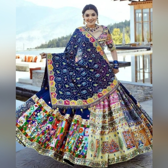 Cotton Mirror Work Lehenga Choli Blue Navratri-Special - Picture 1 of 11